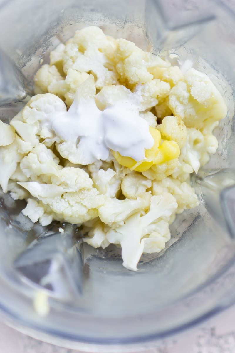 About to blend cauliflower puree ingredients in a blender