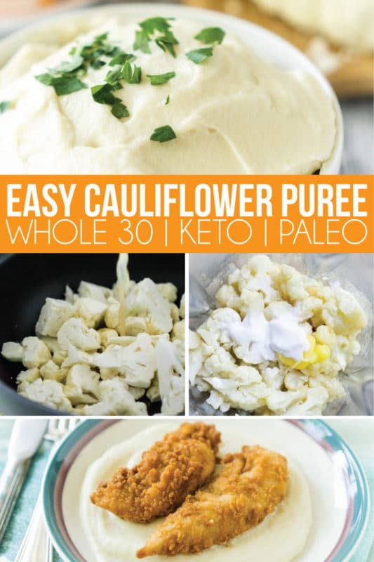 This cauliflower puree is one of my favorite Whole 30 recipes ever! It’s even better than mashed potatoes and much healthier! It’s easy to make and can help put a healthy dinner on the table in minutes!