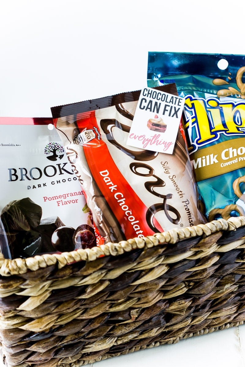 A chocolate gift basket for women with free printable gift tags