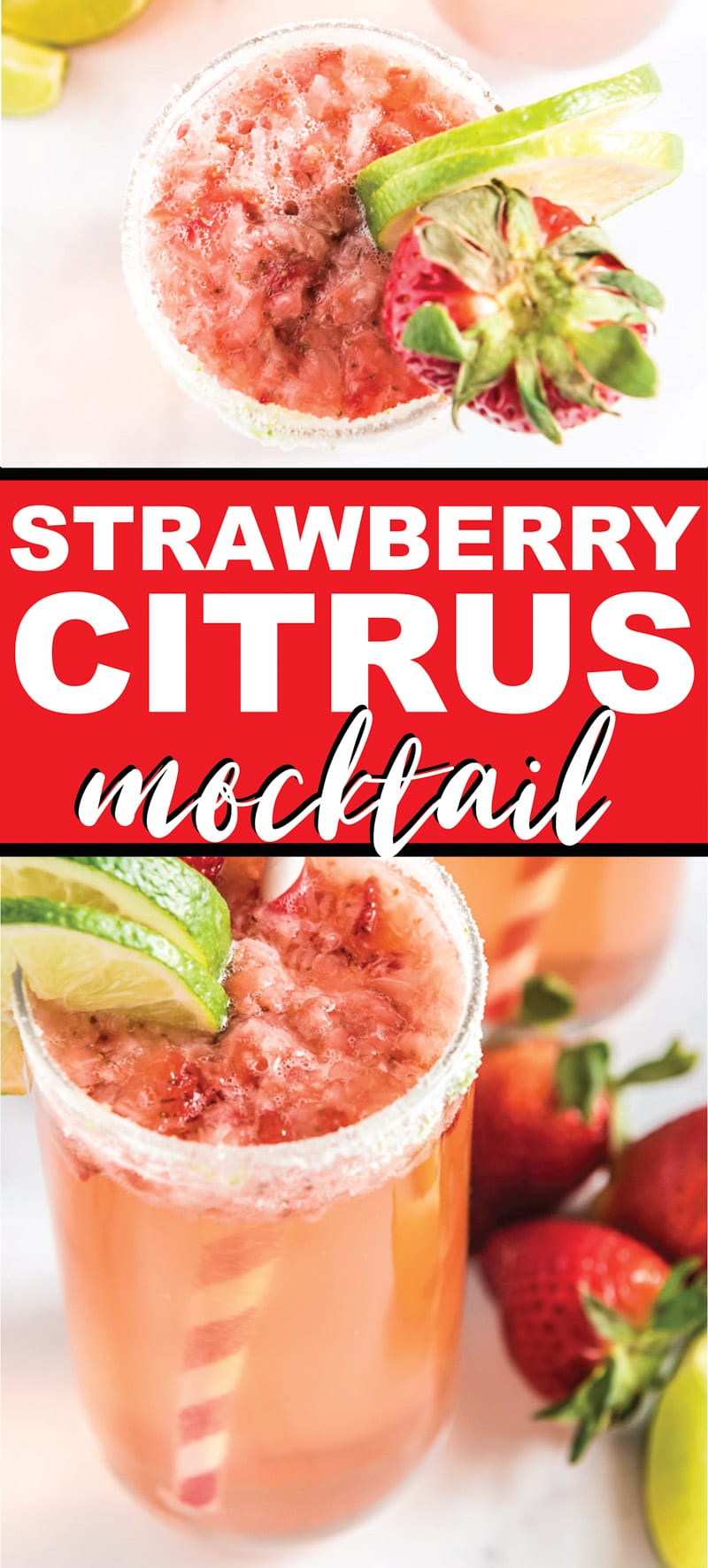 This strawberry citrus mocktail is one of the best non alcoholic drink recipes ever! It’s simple to make and perfect for a summer party, for a pregnancy baby shower drink, or for an easy fun drink for kids! Tons of other great mocktail recipes that are perfect for teens too! 