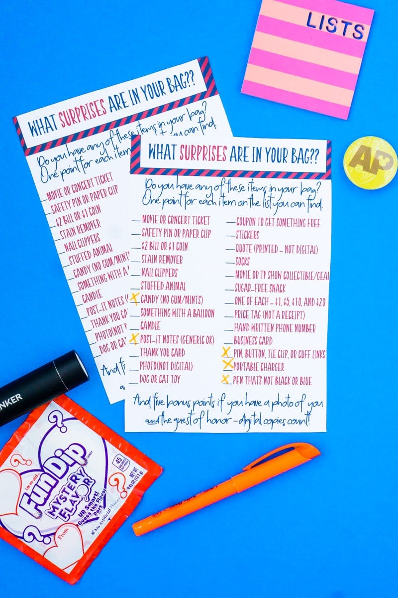 What's in your purse game with free printable surprise party games