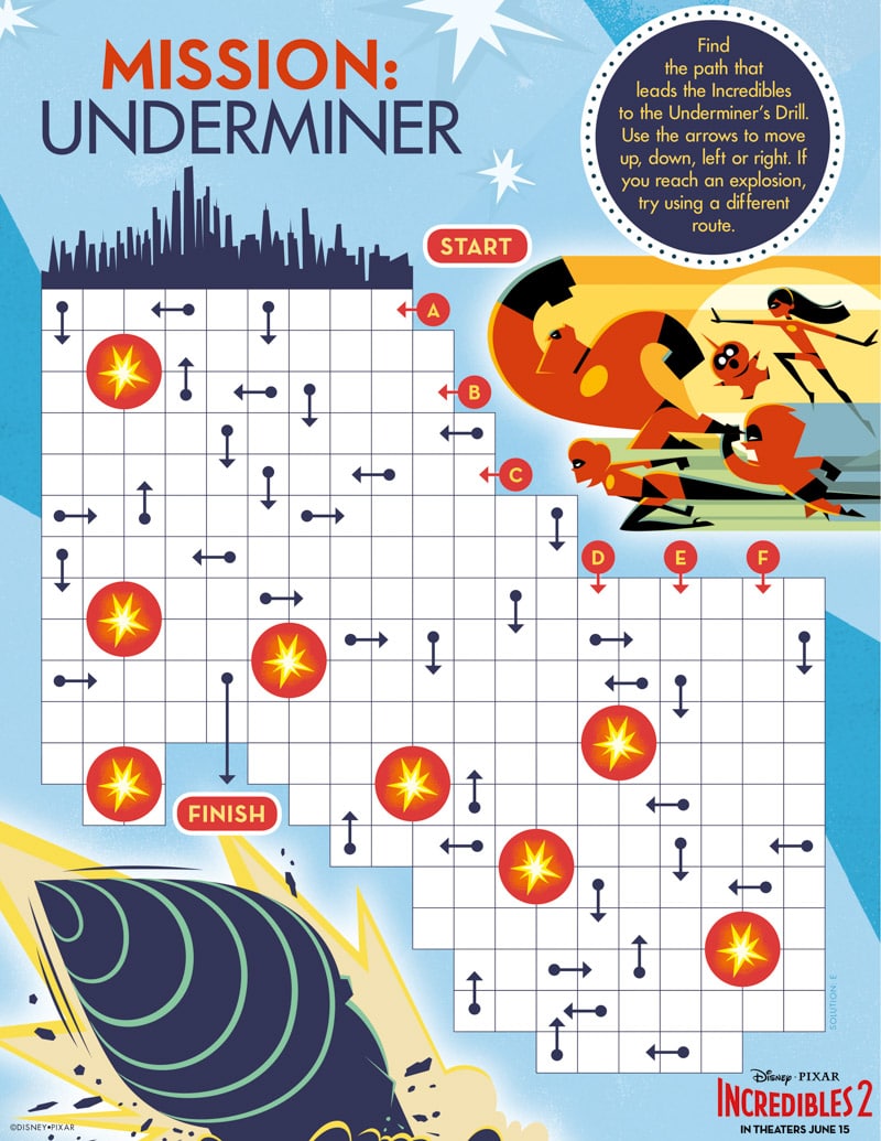 Mission Underminder maze and Incredibles coloring pages