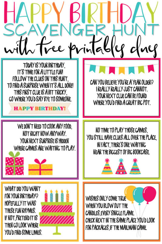 This birthday scavenger hunt is one of the most fun birthday ideas for kids or for adults! And with tons of free printable clues and riddles, you can add gifts all along the way! It’s the perfect surprise for girls, boys, and any age!