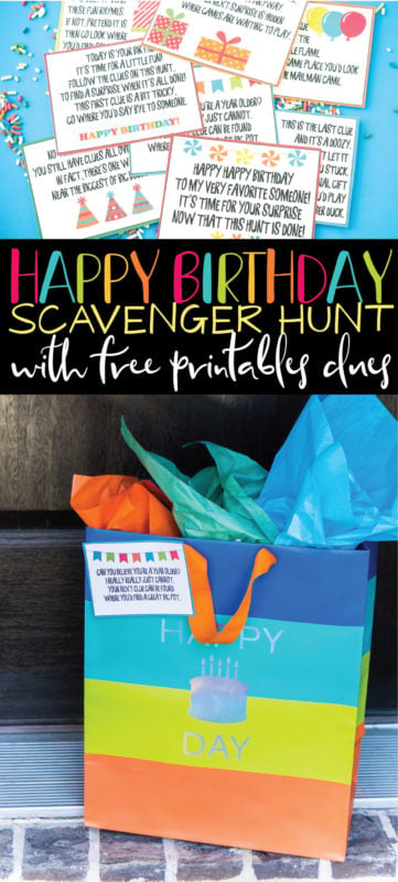 This birthday scavenger hunt is one of the most fun birthday ideas for kids or for adults! And with tons of free printable clues and riddles, you can add gifts all along the way! It’s the perfect surprise for girls, boys, and any age!