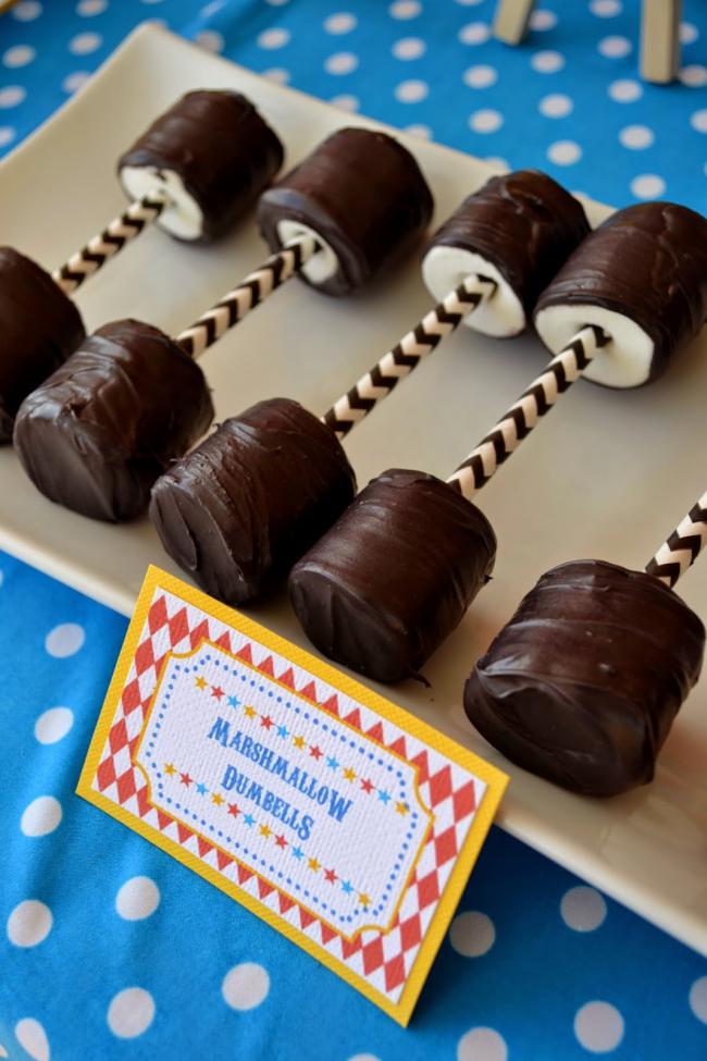 Marshmallows dumbbells at a circus birthday party