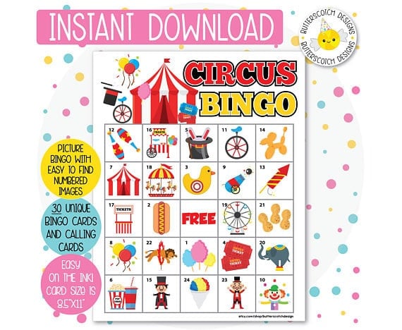 Printable circus bingo game for a circus party