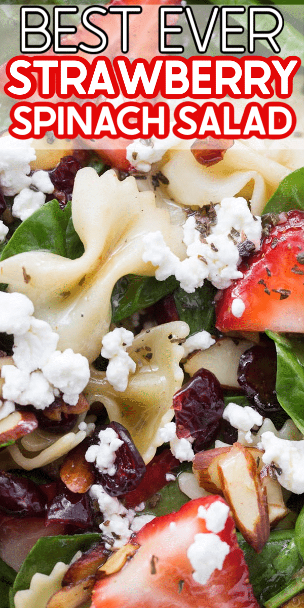 The best ever strawberry spinach salad recipe with an amazing vinaigrette! It’s easy to make, can be made with chicken for a full meal, and is seriously so good! This strawberry spinach pasta salad with almonds that’s a total winner!