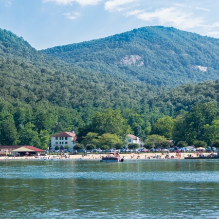 A picture of the Lake Lure beach from afar