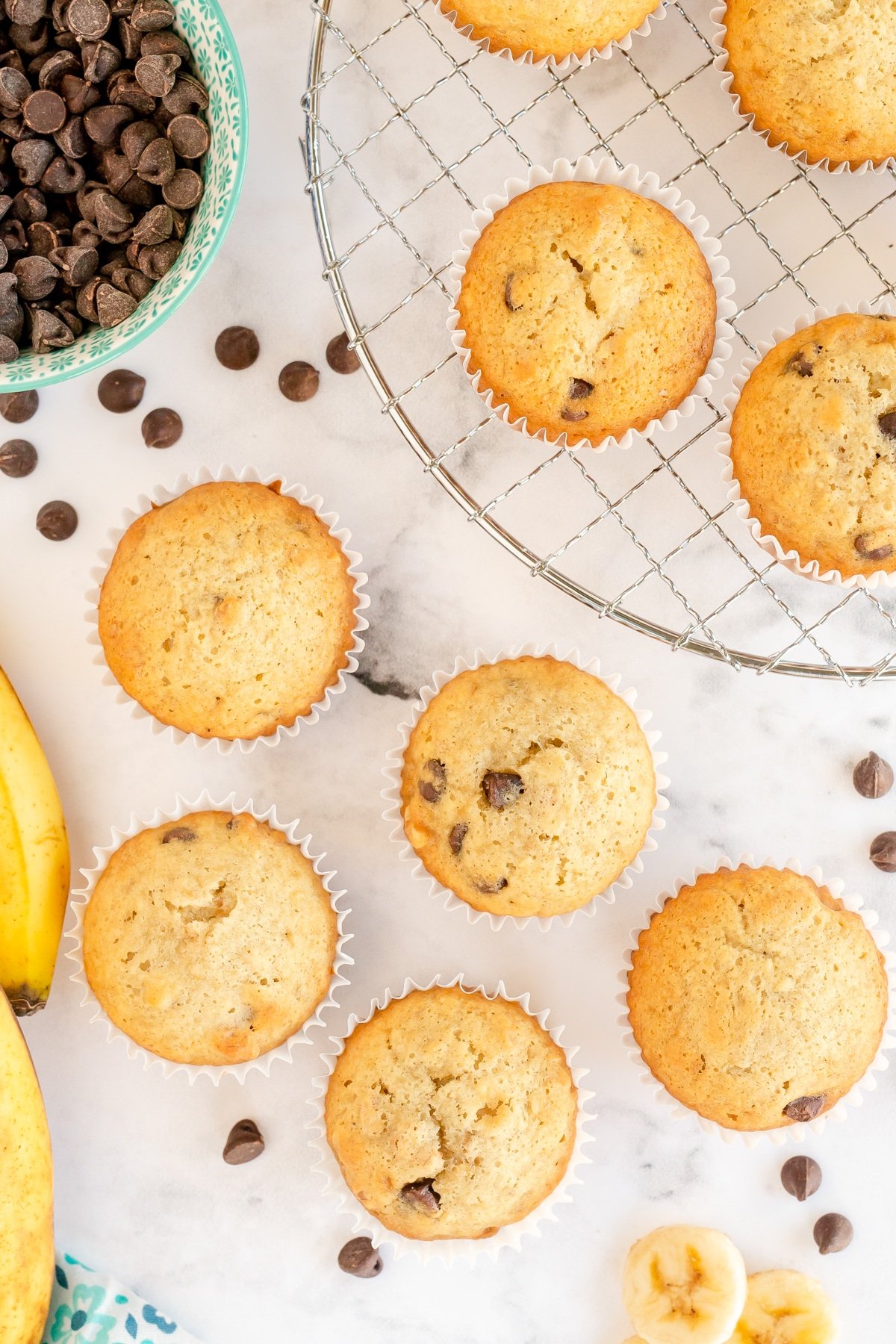 Top down view of banana nut muffins