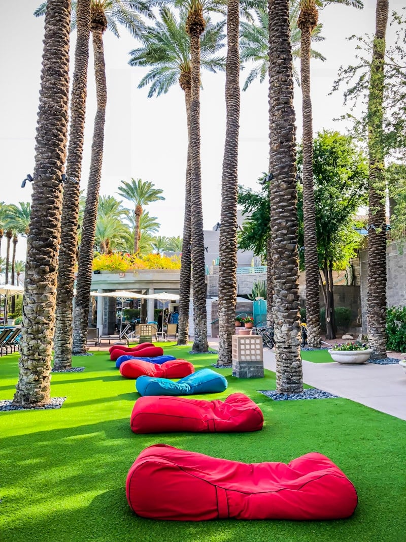 Lounge chairs on the grass outside of the best best family resorts in Phoenix