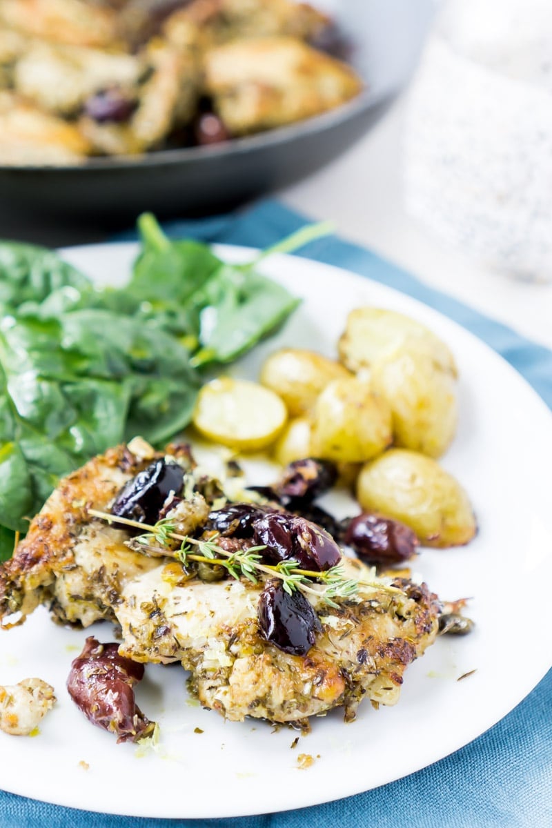 Greek lemon chicken plated with Greek lemon potatoes