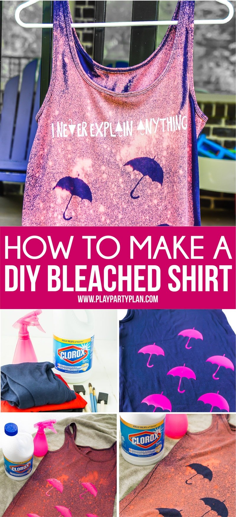 A collage of photos showing how to make a bleached shirt