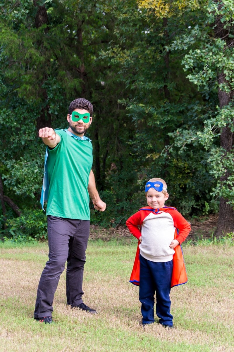 Father and son wearing DIY superhero costumes and DIY superhero mask