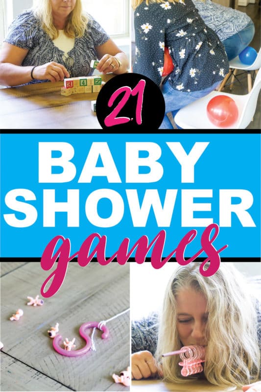 20 of the best baby shower games that aren’t lame! Perfect for a coed shower, for large groups, and for boys or for girls themed showers! They’re funny, easy to setup, and totally unique! Play minute to win it style with couples or individually for one hilarious baby shower!