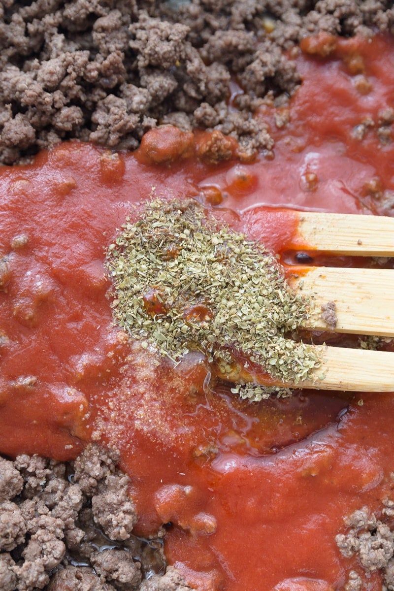 A spoon full of spices in the best spaghetti sauce recipe