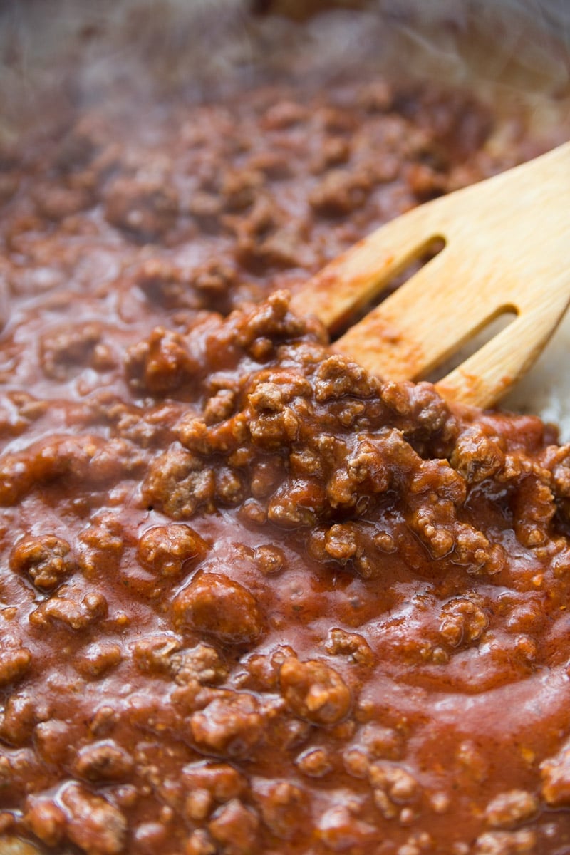 A pan full of the best sweet spaghetti meat sauce