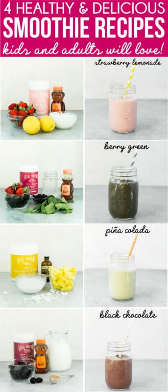 A collage of pictures of healthy smoothie recipes and their ingredients