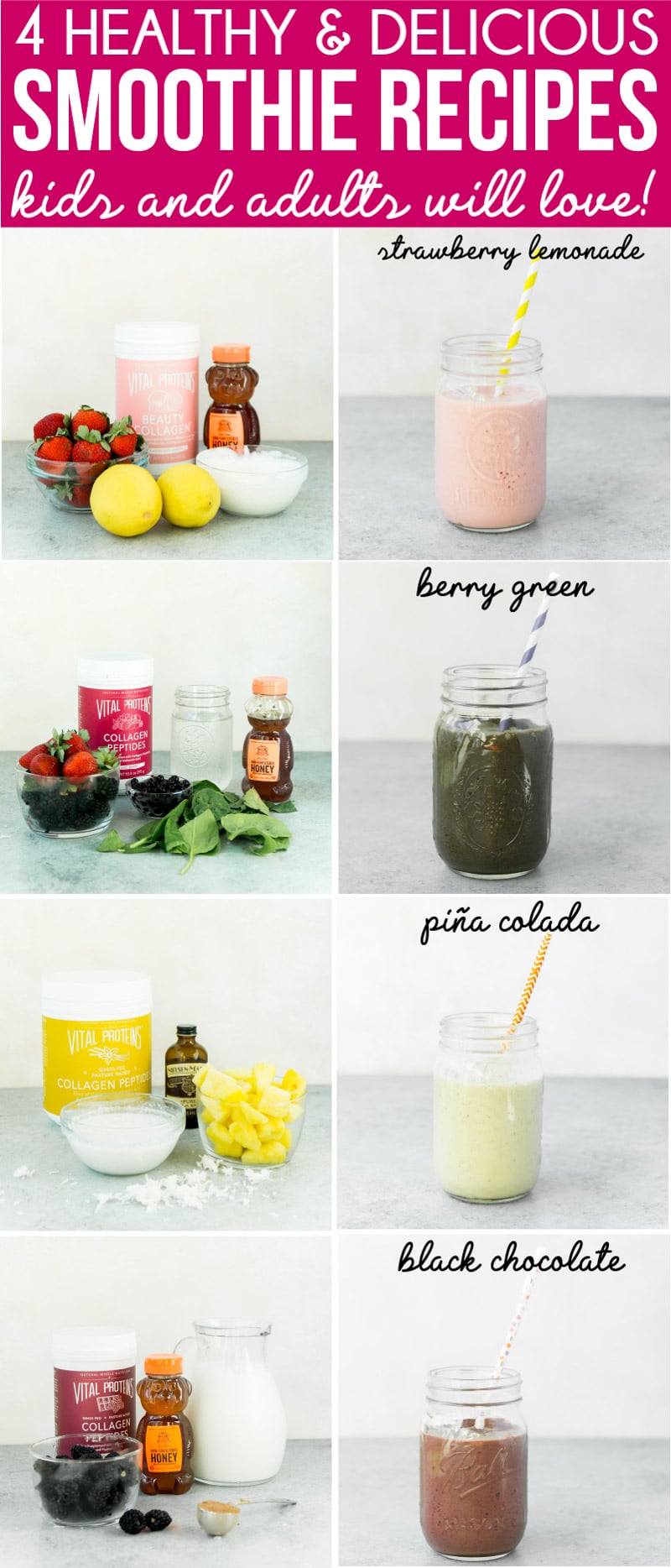 Four healthy smoothie recipes for kids or adults! Four totally different fruit based smoothies that are easy to make, perfect for a quick breakfast, and full of protein! 