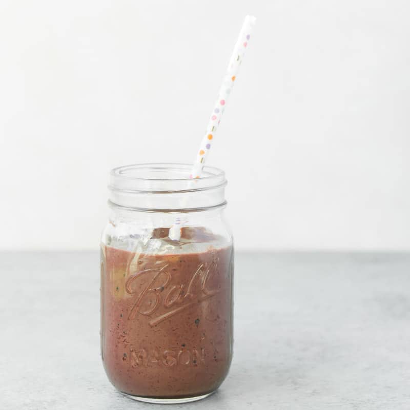 A close-up picture of a blackberry chocolate smoothie recipe