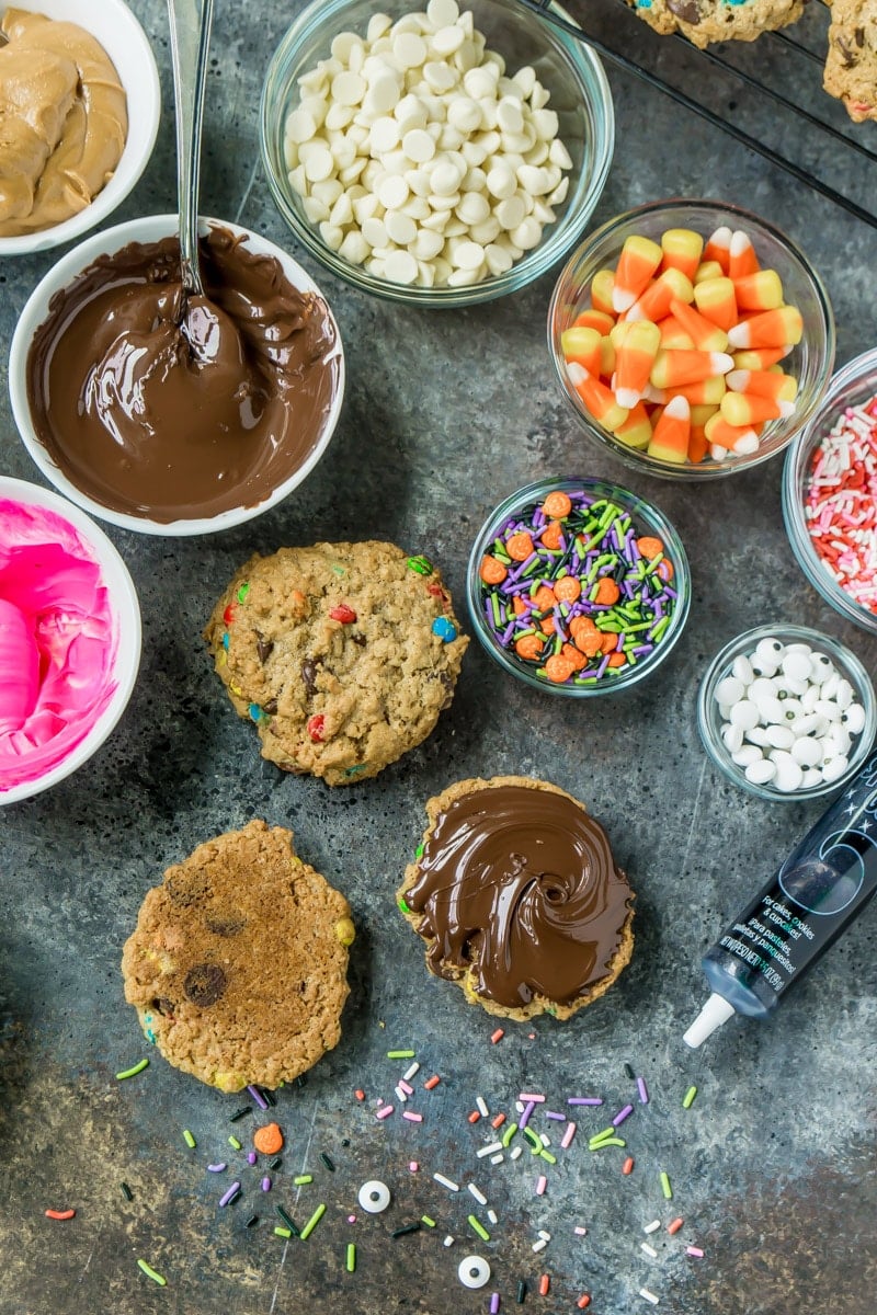 A monster cookie bar setup to make your own monster cookie sandwiches