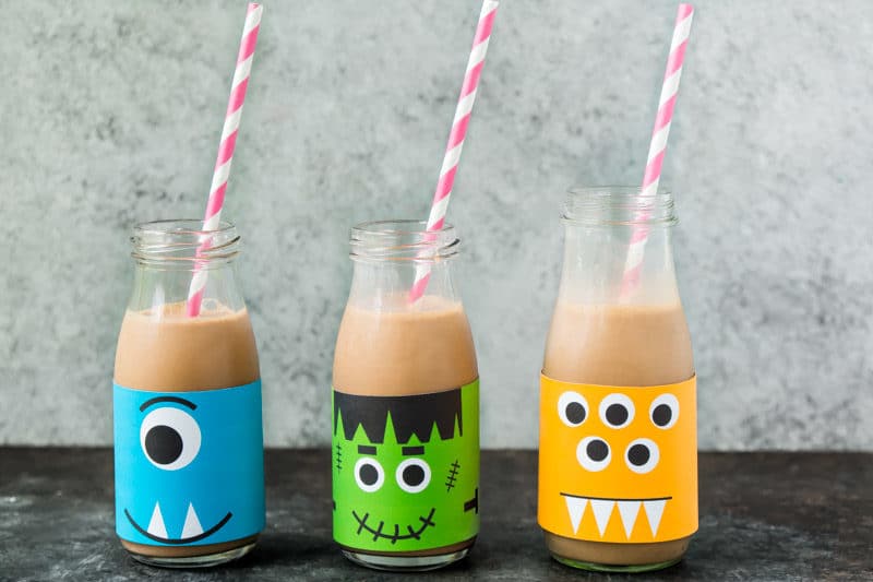 Milk bottles decorated as monsters make great Halloween party food