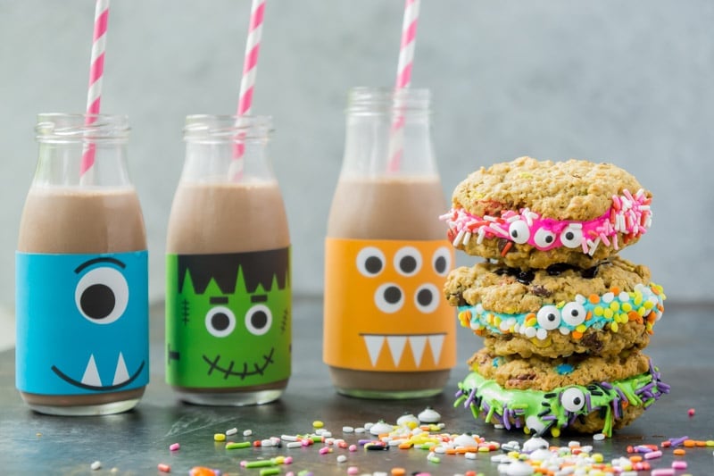 Monster cookies sandwiches and monster milk make the best Halloween treats