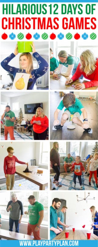 Hilarious 12 days of Christmas inspired Christmas games! The most fun games whether you want something for adults, for kids, or for groups of mixed ages! They’re perfect for family parties, office parties, and even better when paired with a 12 days of Christmas gift exchange!