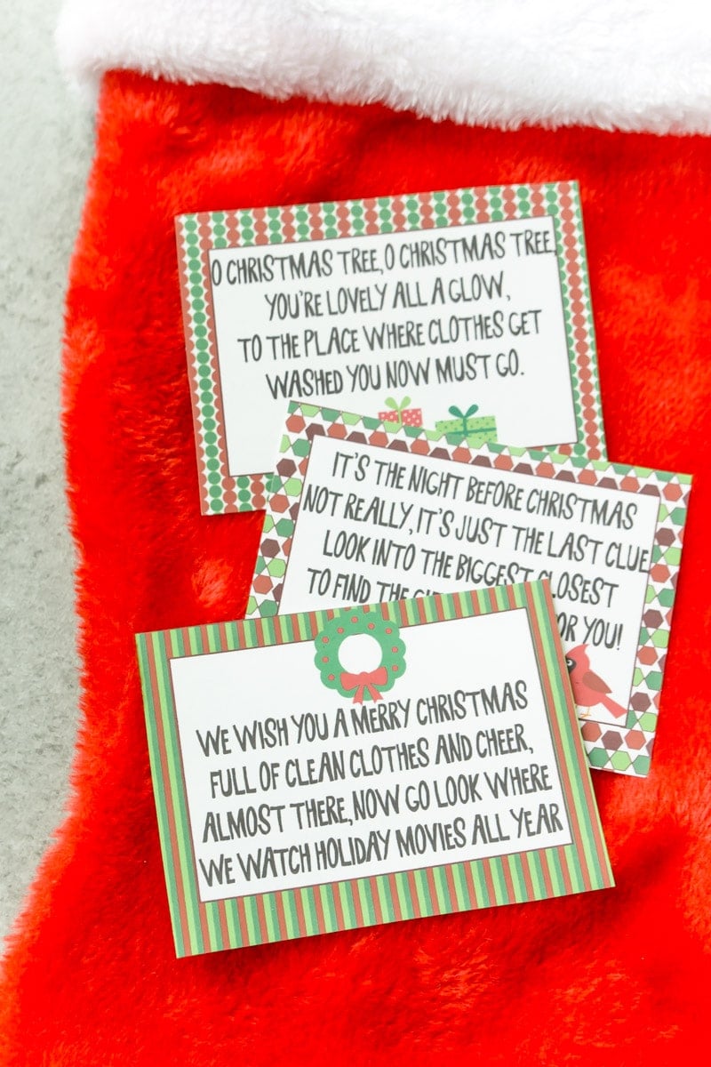 Three Christmas Scavenger hunt riddles on printable cards