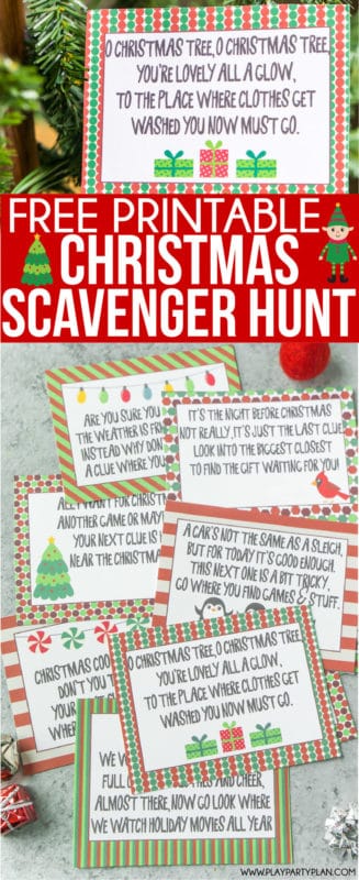 Free printable Christmas scavenger hunt clues for kids or for teens! A fun way to have kids search for presents on Christmas morning! Simply print out the riddles and go! And bonus - some fun Christmas scavenger hunt ideas for adults too!