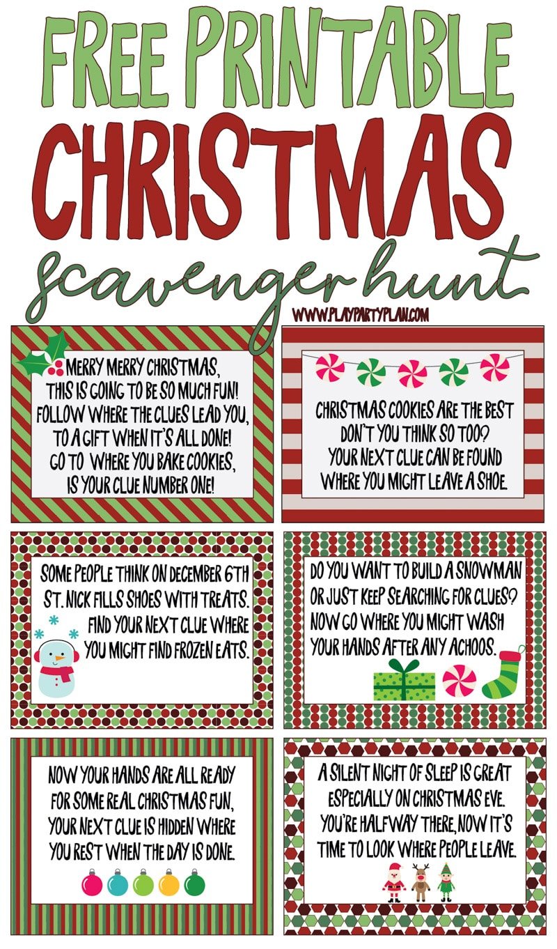 Free printable Christmas scavenger hunt clues for kids or for teens! A fun way to have kids search for presents on Christmas morning! Simply print out the riddles and go! And bonus - some fun Christmas scavenger hunt ideas for adults too!