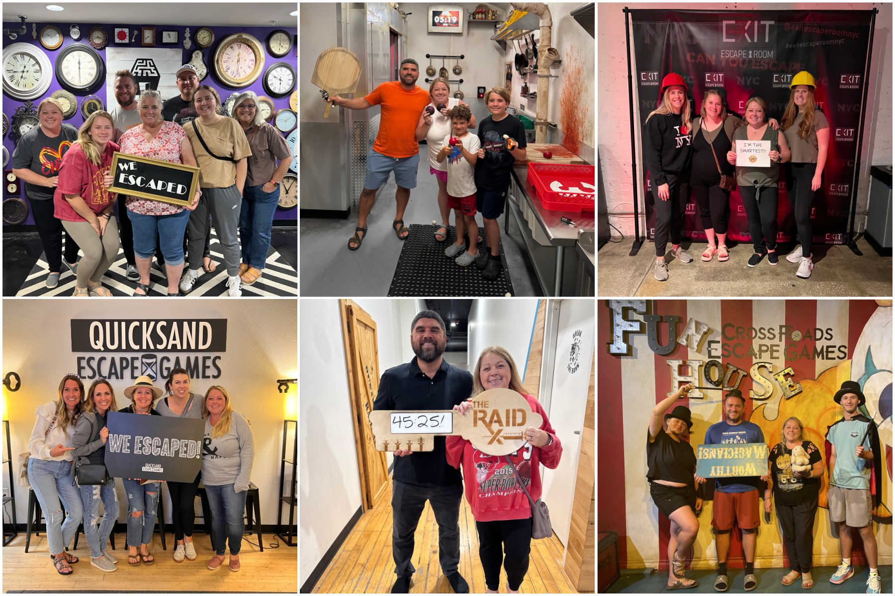 six images showing groups of people with I escaped signs