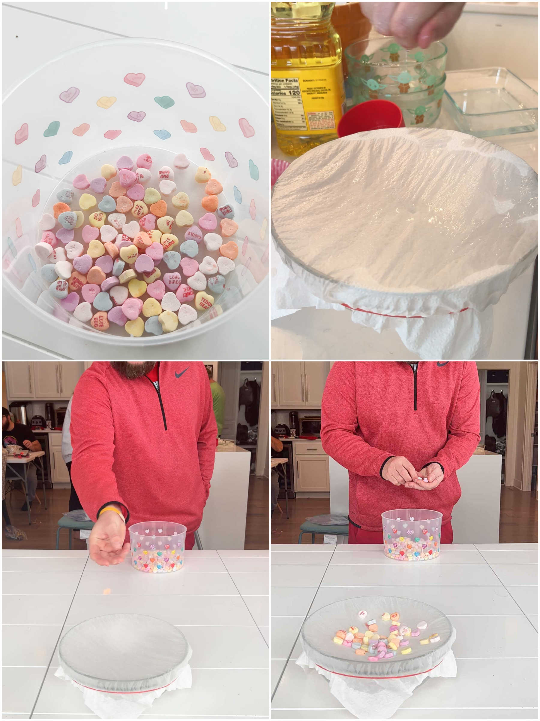 collage of images showing how to play a valentine's day game with conversation hearts