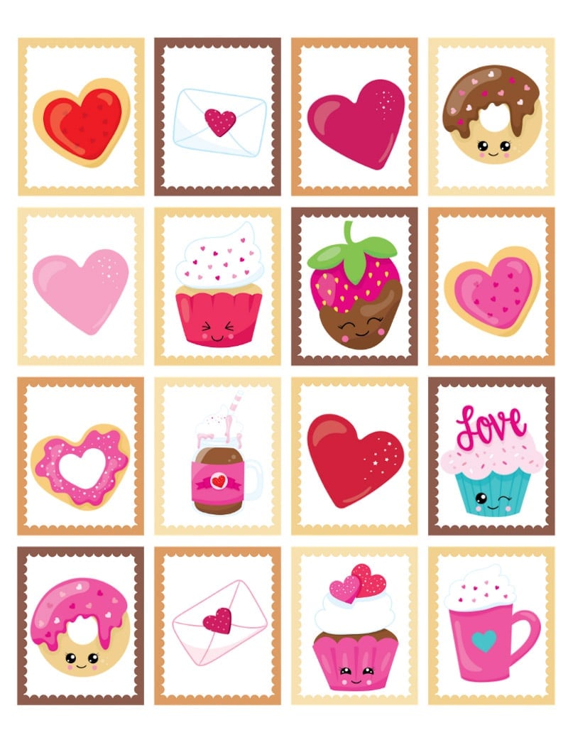 Valentine's Day memory cards ready to be matched