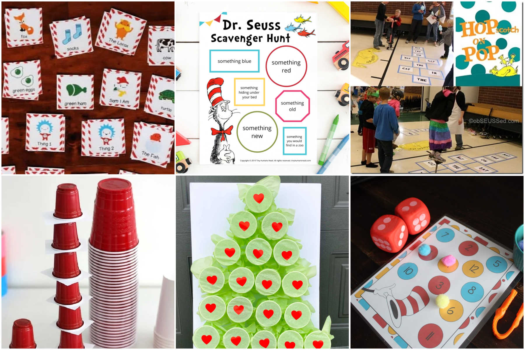 Collage of images of Dr Seuss games for the classroom