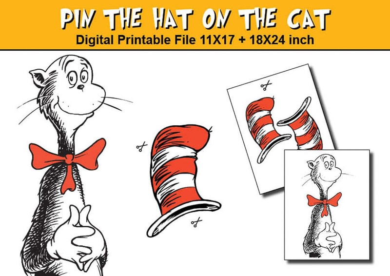 Pin the hat on the cat printable and other Dr Seuss games