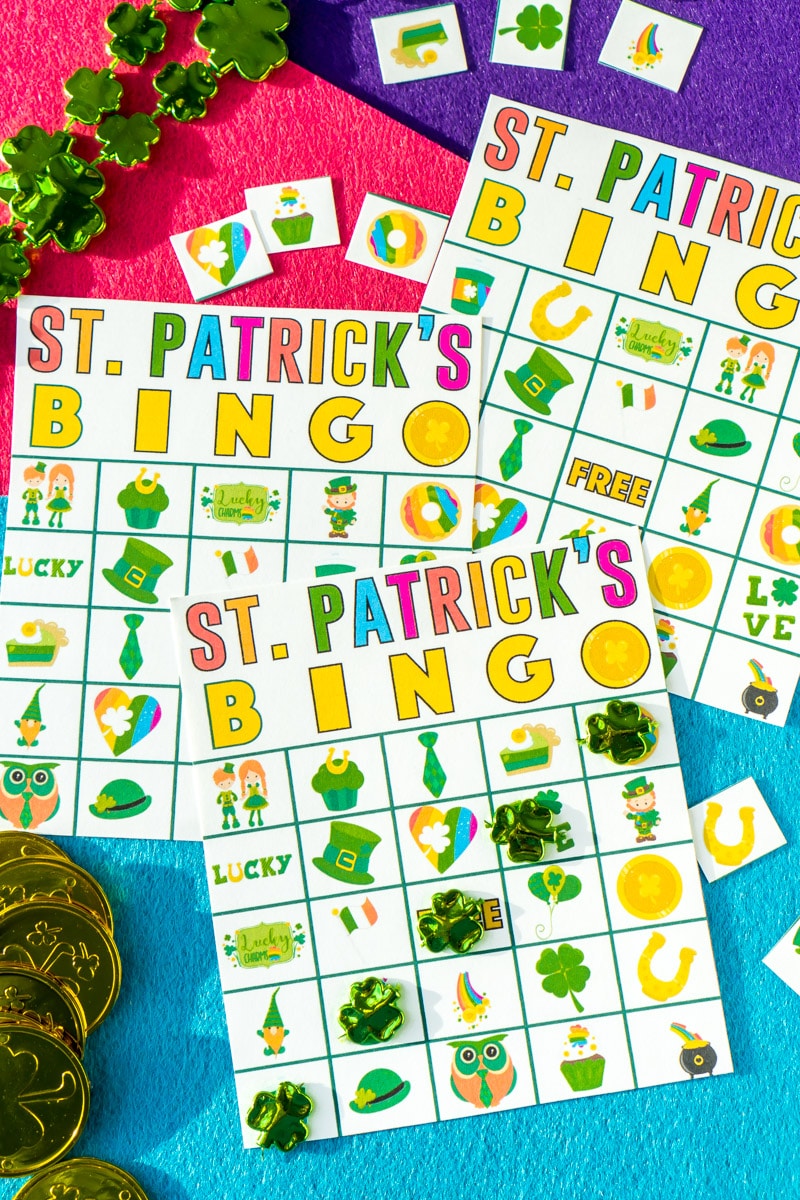 A winning bingo shown on St. Patrick's Day bingo cards
