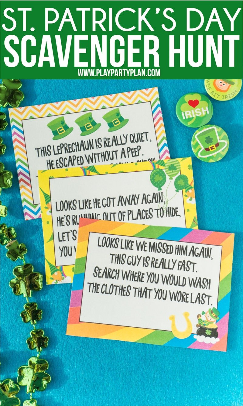 This St. Patrick's Day scavenger hunt is one of the best party activities for kids! Simply print out the printable clues, hide around the house, and leave with favors at the end for magical fun!