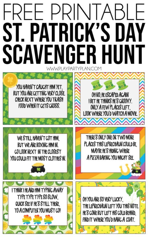 This St. Patrick's Day scavenger hunt is one of the best party activities for kids! Simply print out the printable clues, hide around the house, and leave with favors at the end for magical fun!