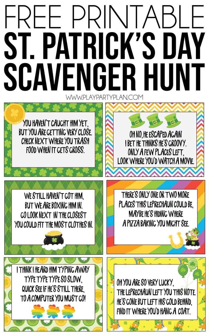 This St. Patrick's Day scavenger hunt is one of the best party activities for kids! Simply print out the printable clues, hide around the house, and leave with favors at the end for magical fun!