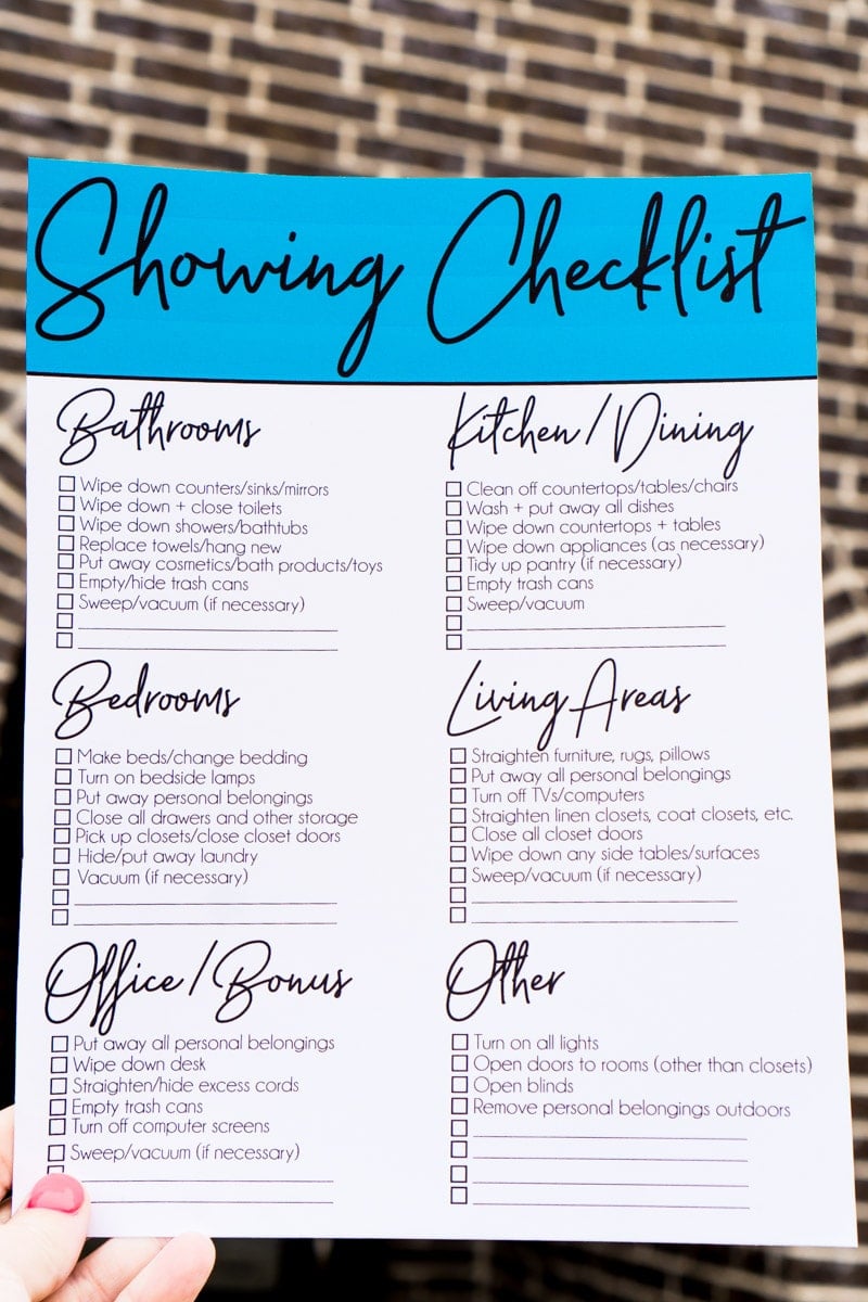A printable showing checklist