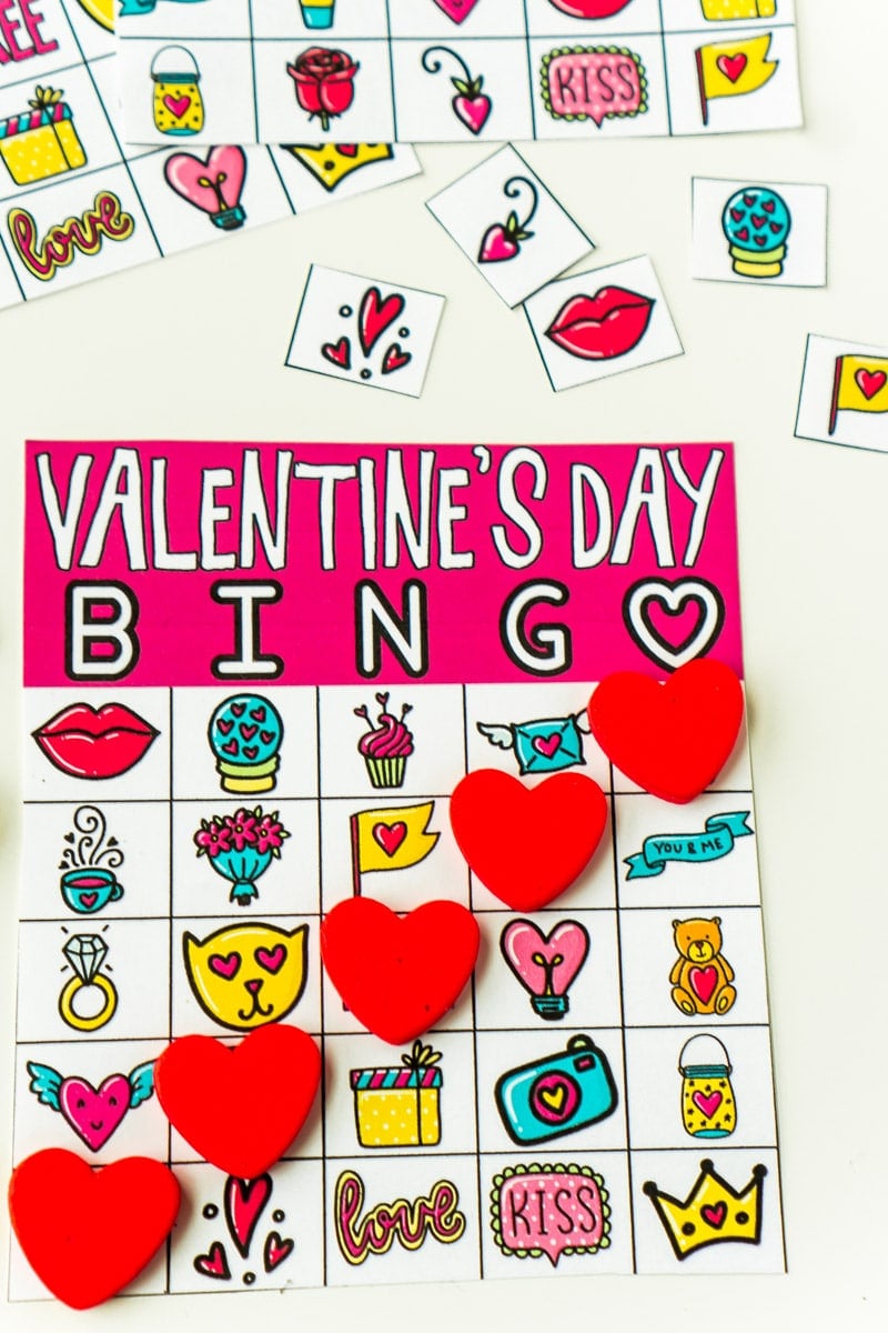 Valentine's Day bingo card with heart shaped markers