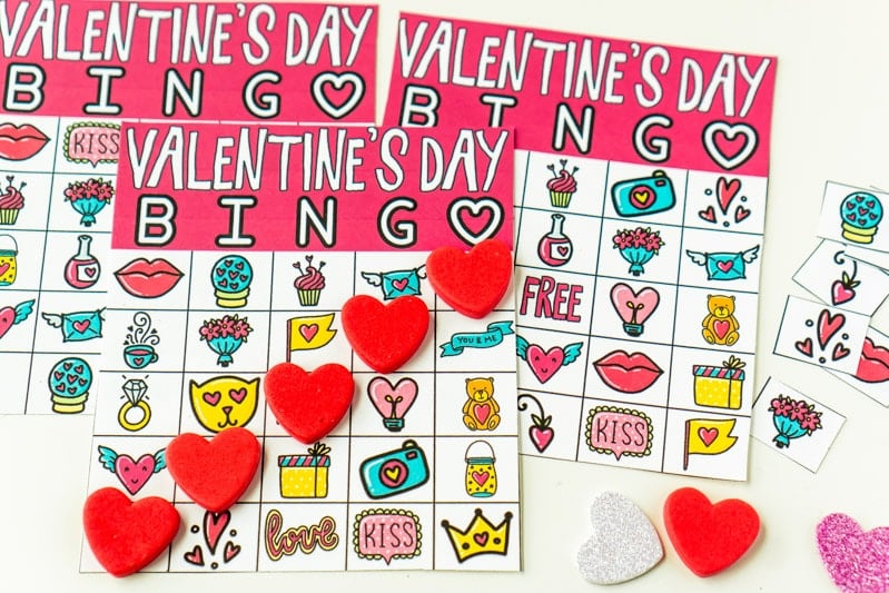 Valentine Bingo cards with markers on top