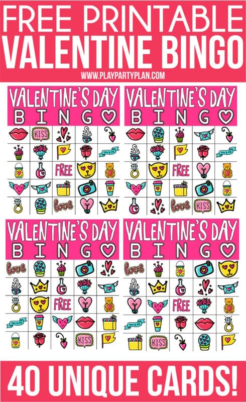 Four Valentines Day bingo cards in one image