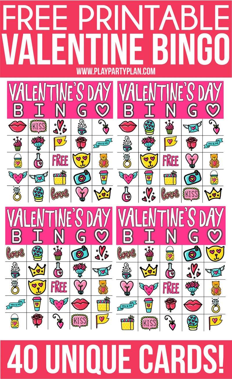 Four Valentines Day bingo cards in one image
