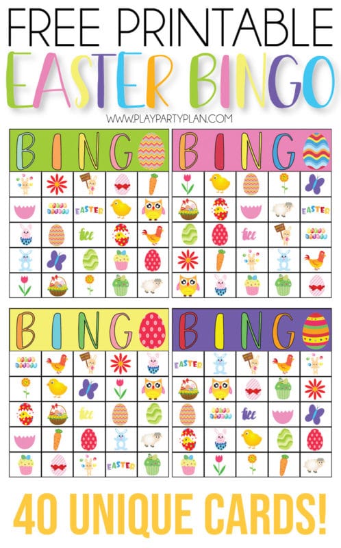 Free printable Easter bingo game that works great for preschool all the way up to cards for adults! Includes 40 unique cards and tons of fun prizes for kids or adults!