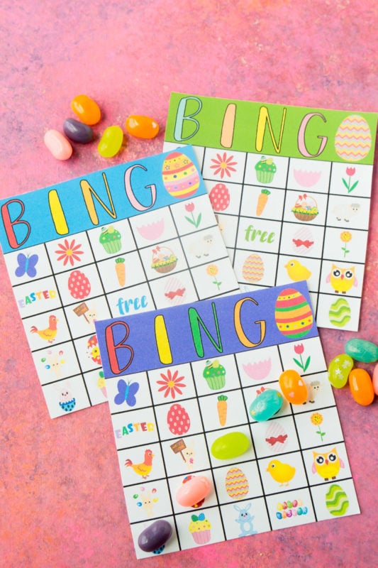 Three Easter bingo cards with jelly beans