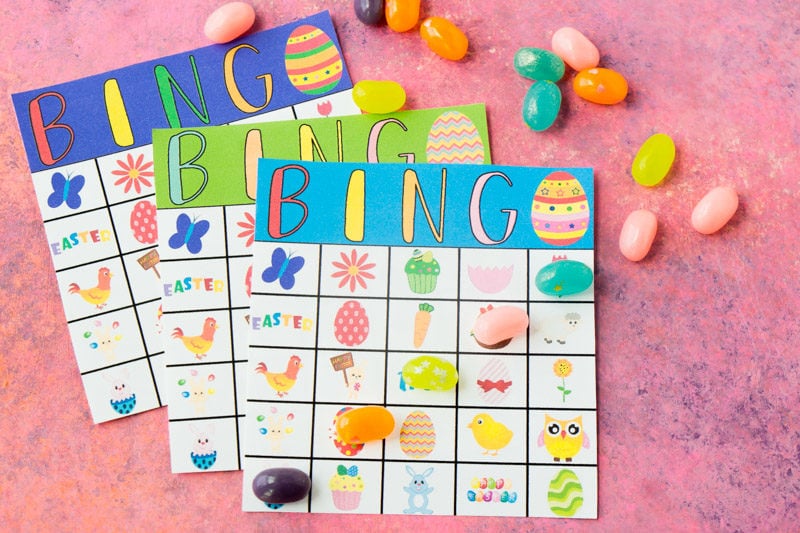 Three Easter bingo cards and jelly beans