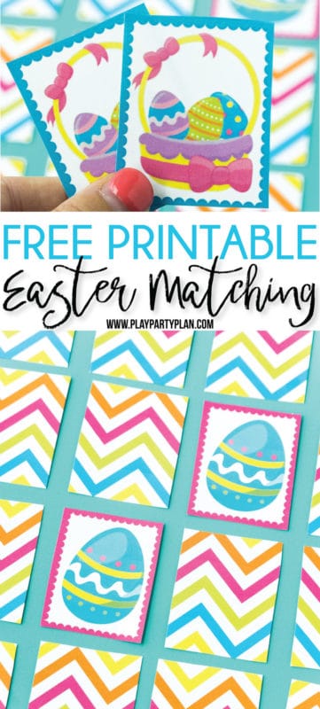 This free printable Easter memory game is one of the cutest Easter games for kids! Perfect for kindergarten, for preschoolers, or add a timer to make it for all ages! Simply print and play! #Easter #Eastergames #gamesforkids