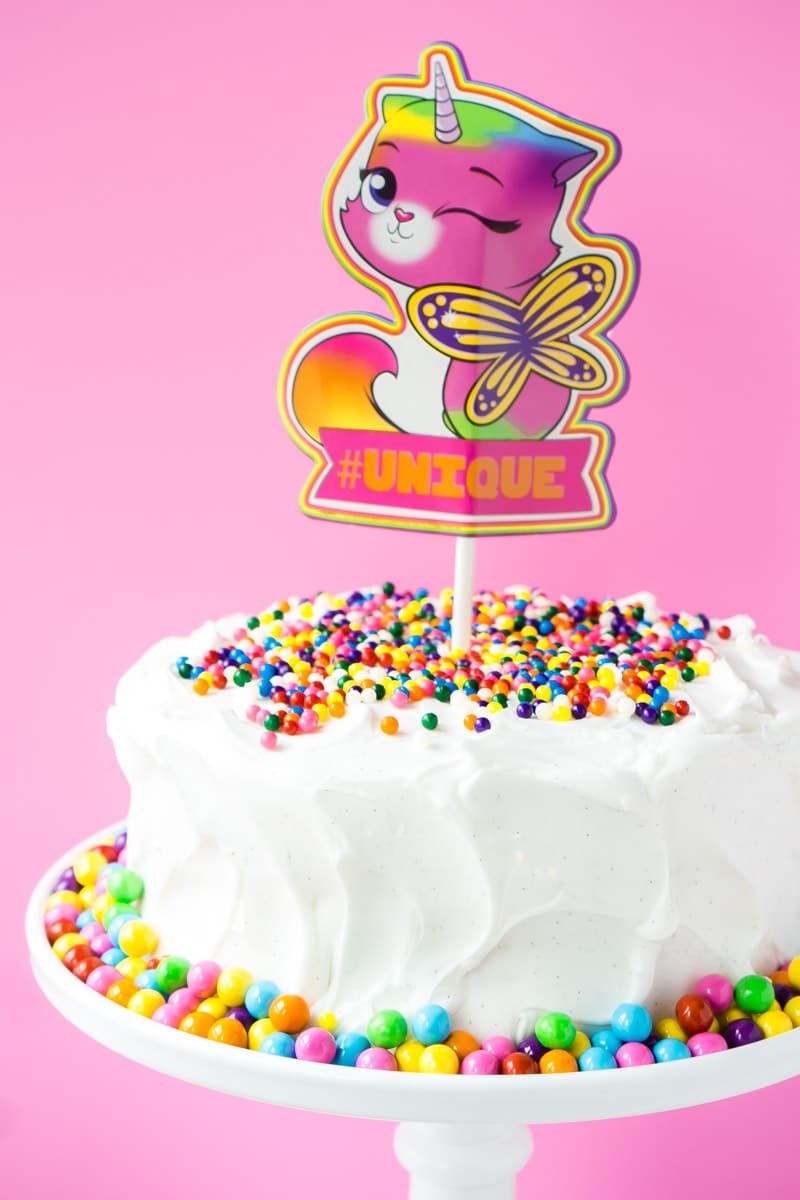 Rainbow butterfly unicorn kitty cake decorated with sprinkles