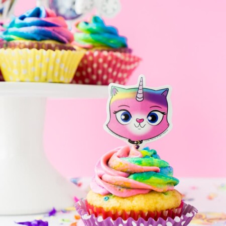 Cake stand with Rainbow butterfly unicorn kitty cupcakes